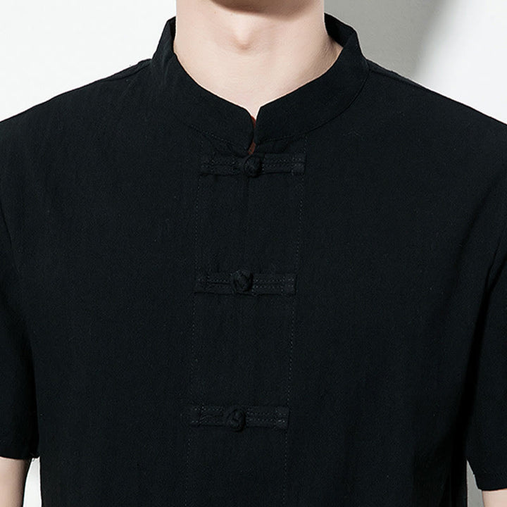 Chemise décontractée en lin à manches courtes pour homme avec boutons de grenouille sur le devant et couleur unie avec Buddha Stones - image 19