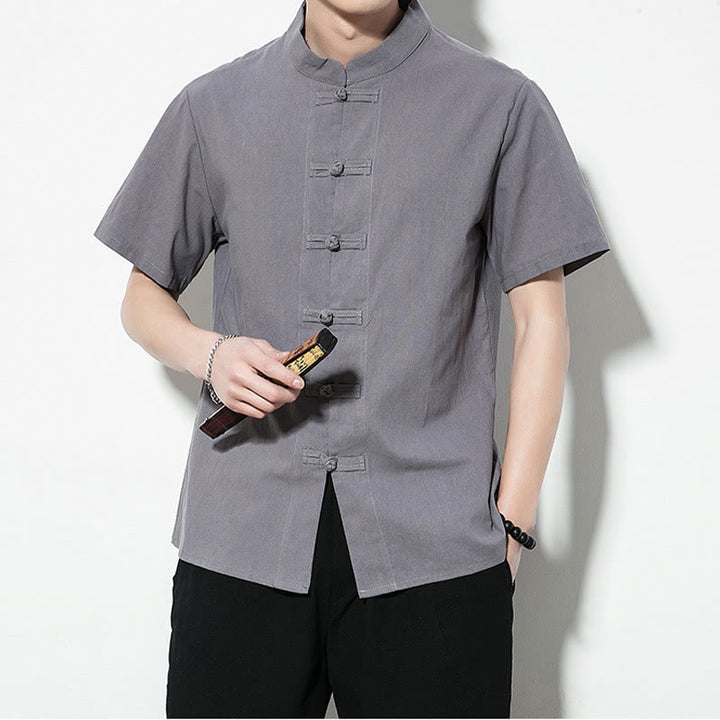 Chemise décontractée en lin à manches courtes pour homme avec boutons de grenouille sur le devant et couleur unie avec Buddha Stones - image 27