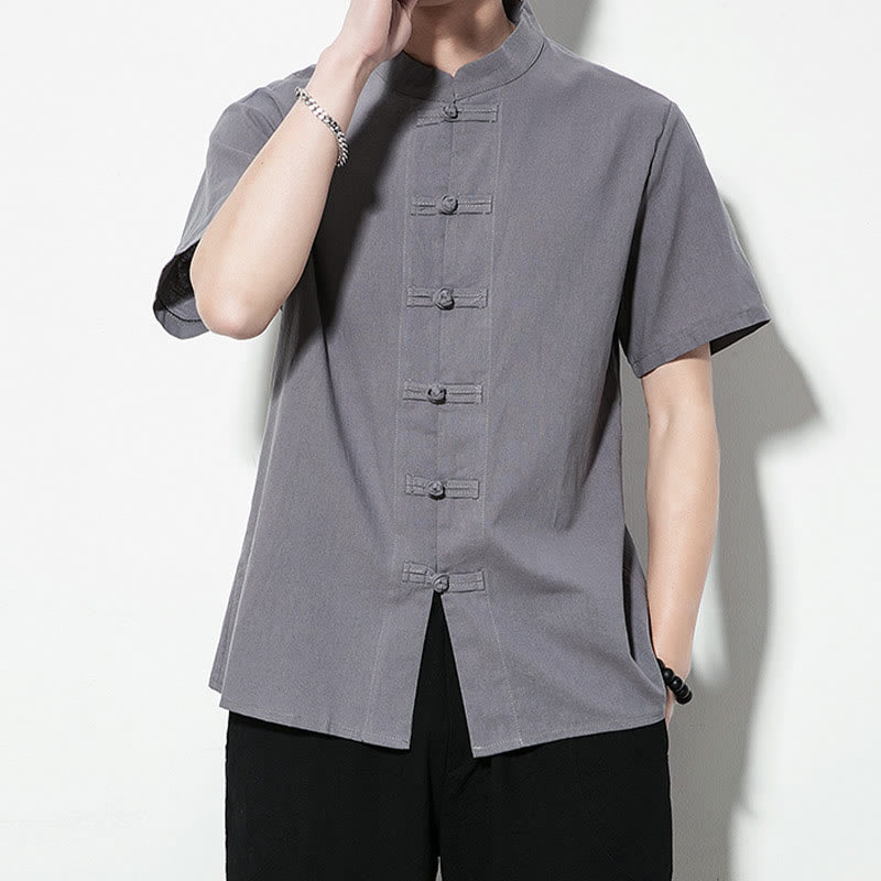 Chemise décontractée en lin à manches courtes pour homme avec boutons de grenouille sur le devant et couleur unie avec Buddha Stones - image 24