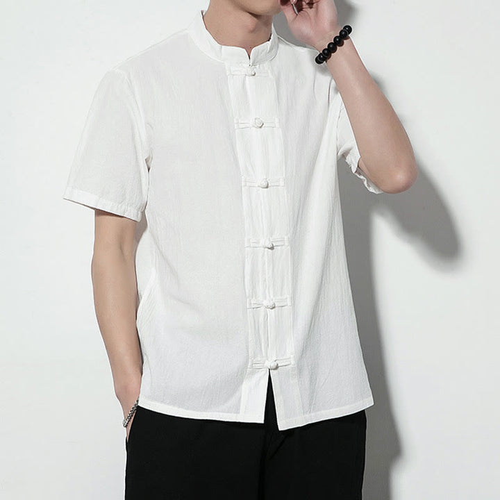 Chemise décontractée en lin à manches courtes pour homme avec boutons de grenouille sur le devant et couleur unie avec Buddha Stones - image 12