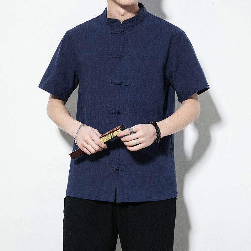 Chemise décontractée en lin à manches courtes pour homme avec boutons de grenouille sur le devant et couleur unie avec Buddha Stones - image 6