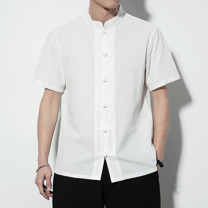 Chemise décontractée en lin à manches courtes pour homme avec boutons de grenouille sur le devant et couleur unie avec Buddha Stones - image 11