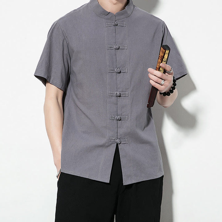 Chemise décontractée en lin à manches courtes pour homme avec boutons de grenouille sur le devant et couleur unie avec Buddha Stones - image 28