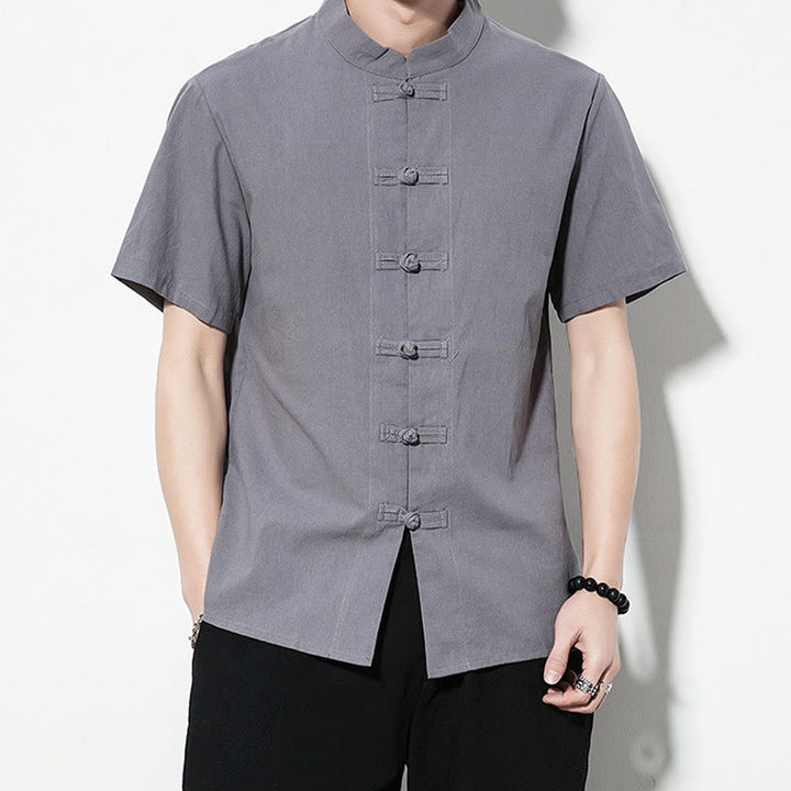 Chemise décontractée en lin à manches courtes pour homme avec boutons de grenouille sur le devant et couleur unie avec Buddha Stones - image 23