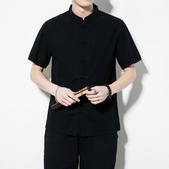 Chemise décontractée en lin à manches courtes pour homme avec boutons de grenouille sur le devant et couleur unie avec Buddha Stones - image 18