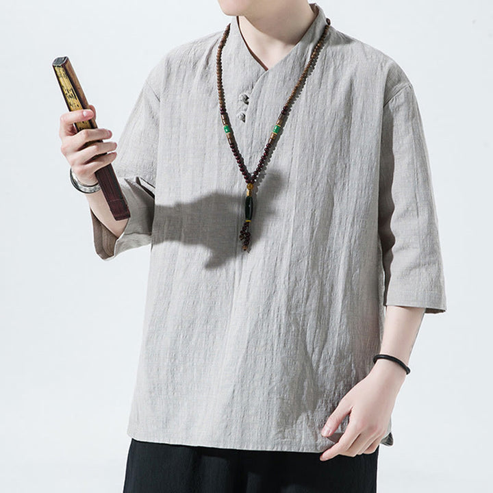 Chemise décontractée en coton et lin pour homme, couleur unie, deux boutons, col en V, manches trois-quarts, motif Buddha Stones