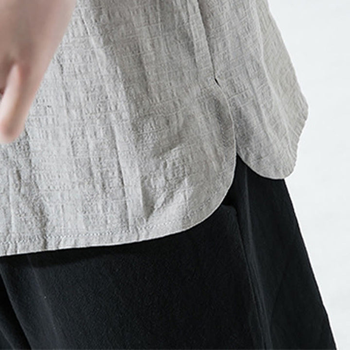 Chemise décontractée en coton et lin pour homme, couleur unie, deux boutons, col en V, manches trois-quarts, motif Buddha Stones