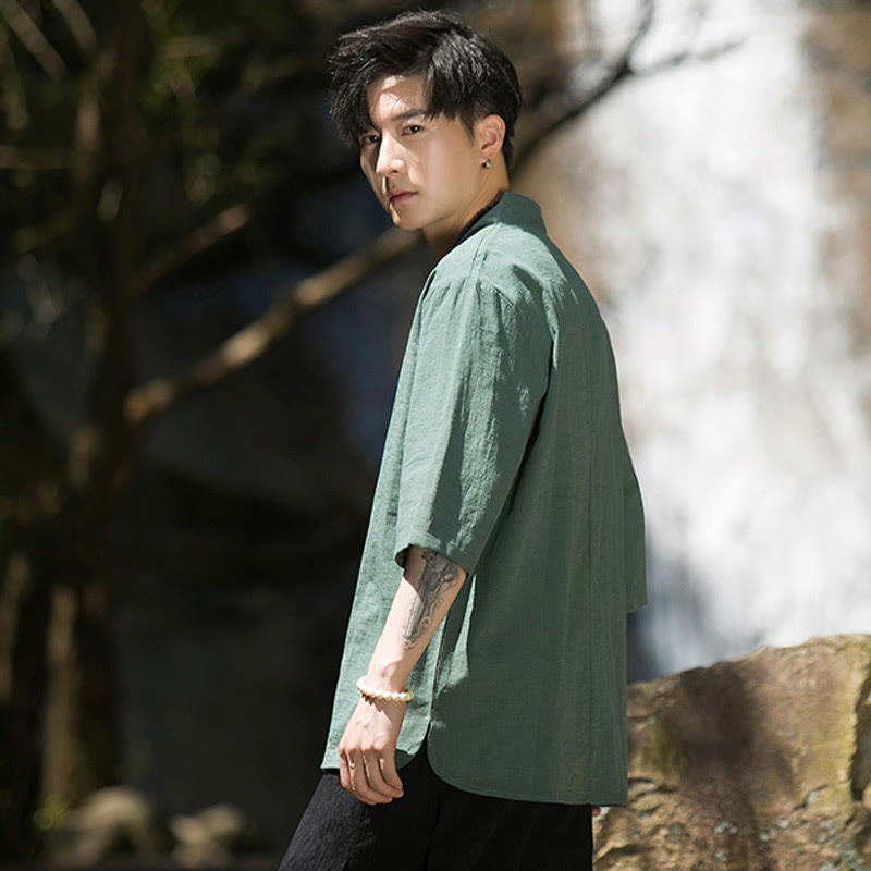 Chemise décontractée en coton et lin pour homme, couleur unie, deux boutons, col en V, manches trois-quarts, motif Buddha Stones