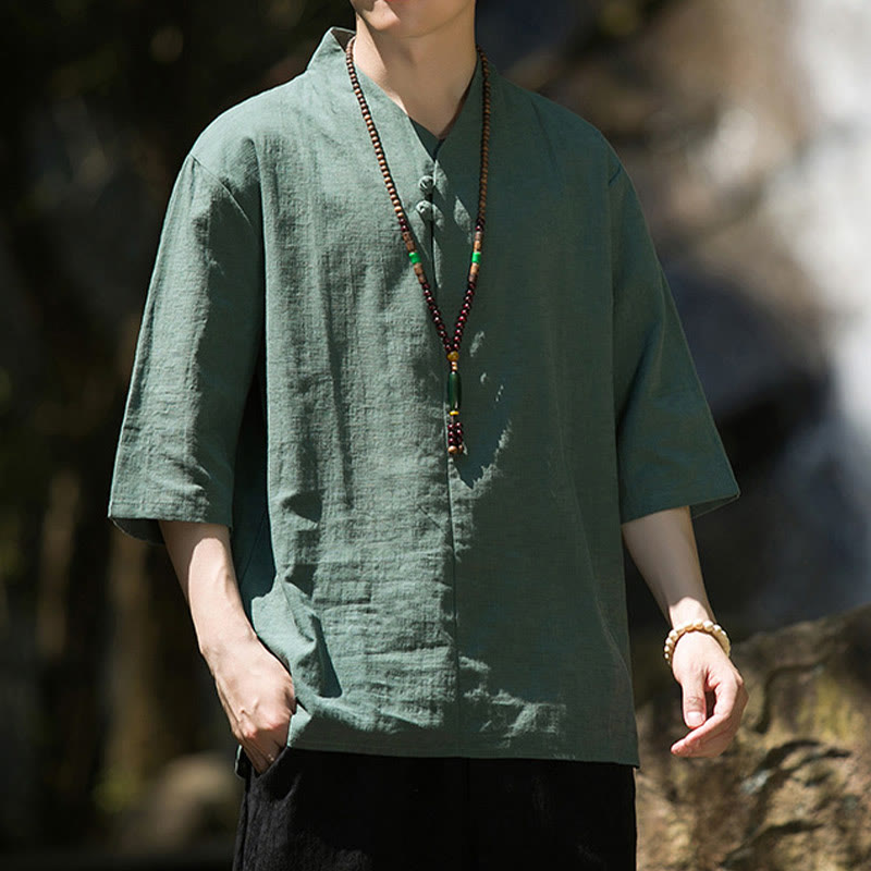 Chemise décontractée en coton et lin pour homme, couleur unie, deux boutons, col en V, manches trois-quarts, motif Buddha Stones