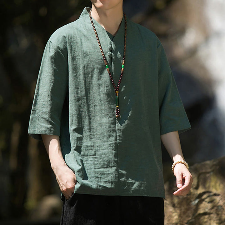 Chemise décontractée en coton et lin pour homme, couleur unie, deux boutons, col en V, manches trois-quarts, motif Buddha Stones