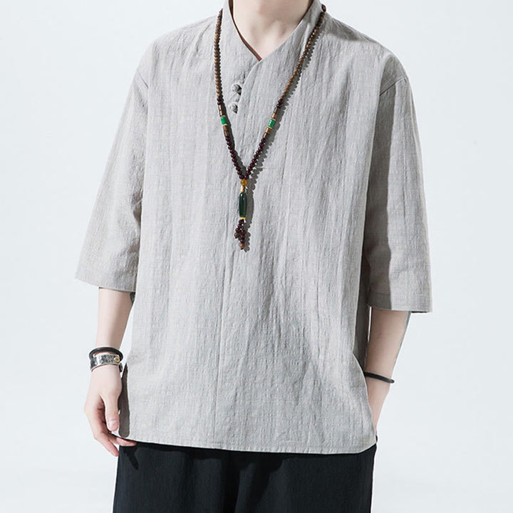 Chemise décontractée en coton et lin pour homme, couleur unie, deux boutons, col en V, manches trois-quarts, motif Buddha Stones