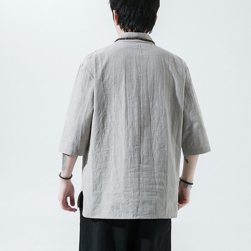 Chemise décontractée en coton et lin pour homme, couleur unie, deux boutons, col en V, manches trois-quarts, motif Buddha Stones