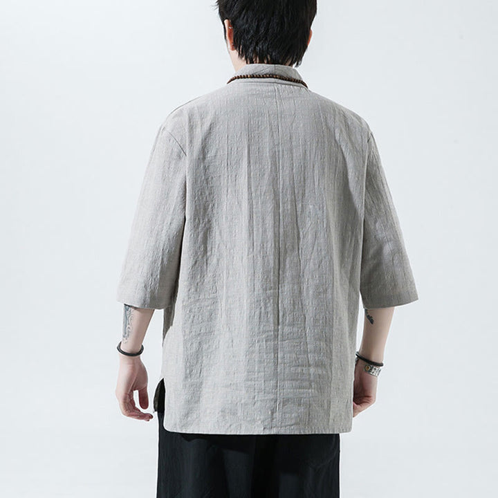 Chemise décontractée en coton et lin pour homme, couleur unie, deux boutons, col en V, manches trois-quarts, motif Buddha Stones