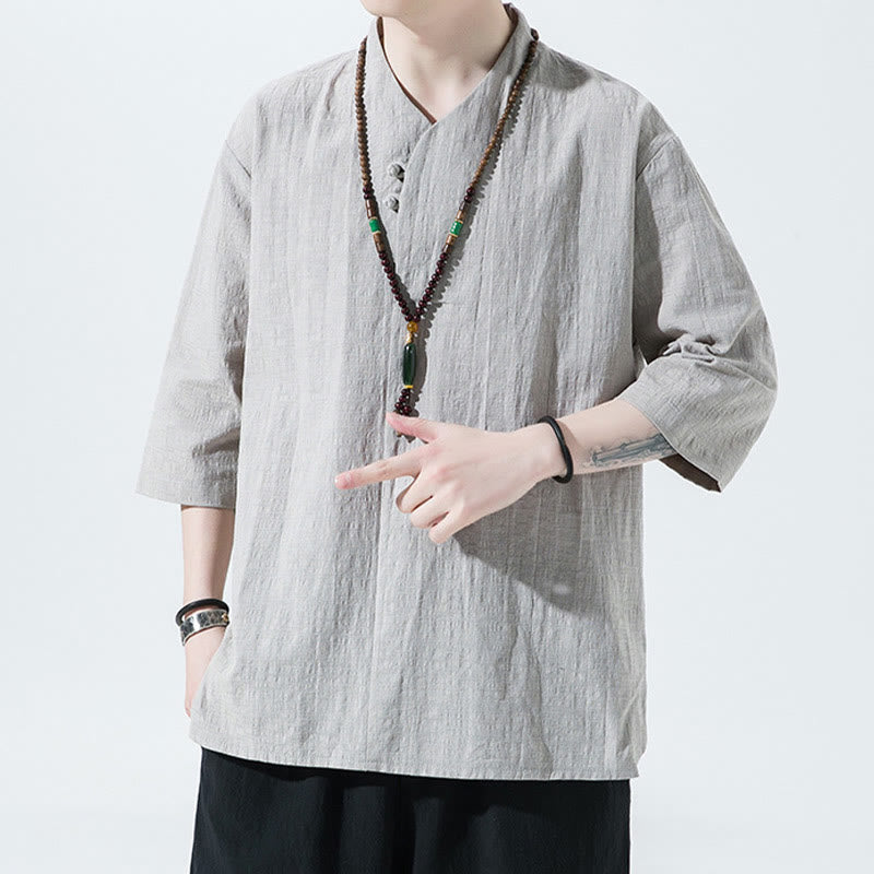 Chemise décontractée en coton et lin pour homme, couleur unie, deux boutons, col en V, manches trois-quarts, motif Buddha Stones