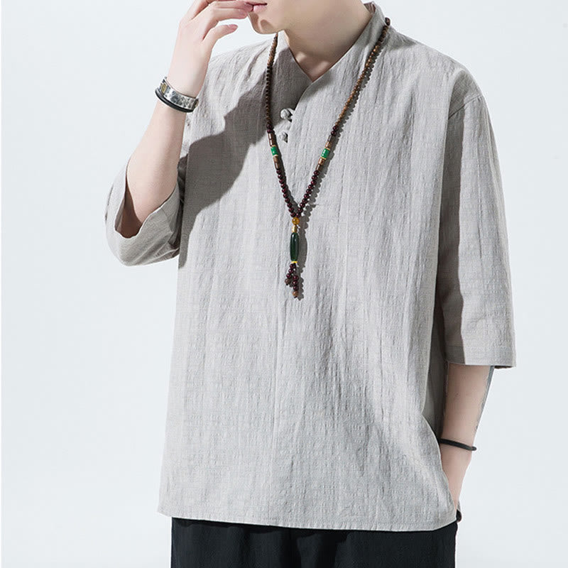 Chemise décontractée en coton et lin pour homme, couleur unie, deux boutons, col en V, manches trois-quarts, motif Buddha Stones