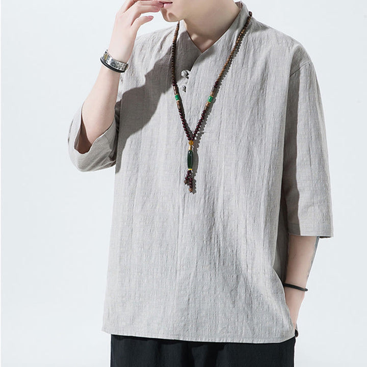 Chemise décontractée en coton et lin pour homme, couleur unie, deux boutons, col en V, manches trois-quarts, motif Buddha Stones