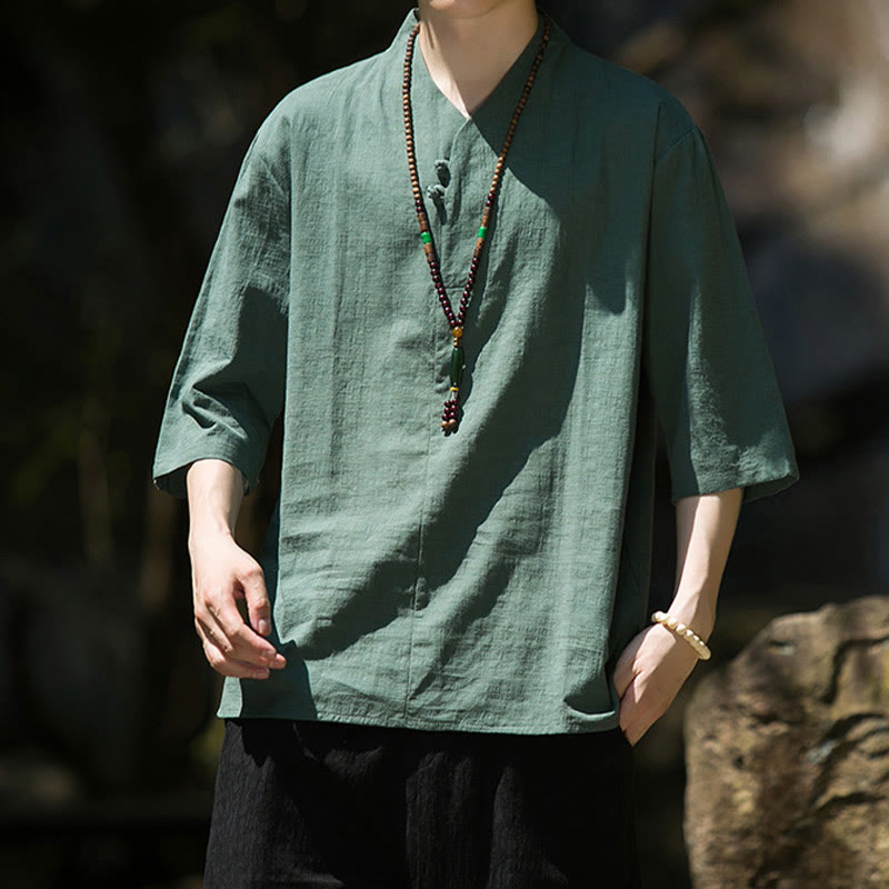 Chemise décontractée en coton et lin pour homme, couleur unie, deux boutons, col en V, manches trois-quarts, motif Buddha Stones