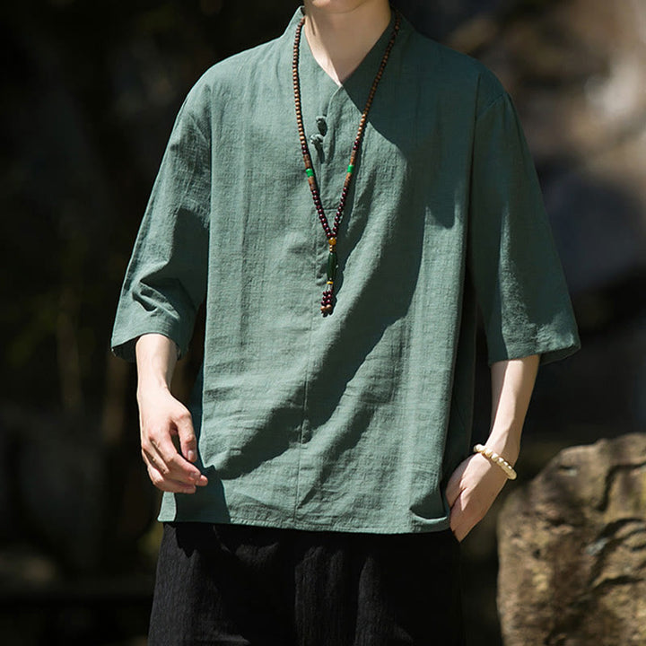 Chemise décontractée en coton et lin pour homme, couleur unie, deux boutons, col en V, manches trois-quarts, motif Buddha Stones