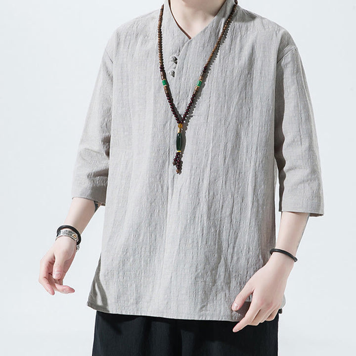 Chemise décontractée en coton et lin pour homme, couleur unie, deux boutons, col en V, manches trois-quarts, motif Buddha Stones
