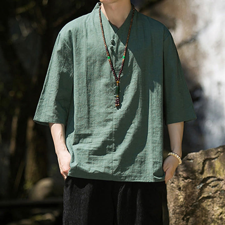 Chemise décontractée en coton et lin pour homme, couleur unie, deux boutons, col en V, manches trois-quarts, motif Buddha Stones