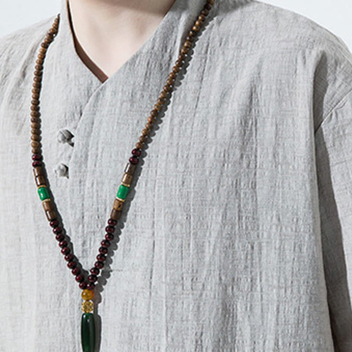 Chemise décontractée en coton et lin pour homme, couleur unie, deux boutons, col en V, manches trois-quarts, motif Buddha Stones