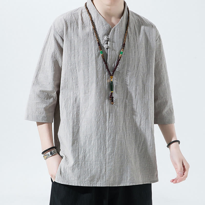 Chemise décontractée en coton et lin pour homme, couleur unie, deux boutons, col en V, manches trois-quarts, motif Buddha Stones