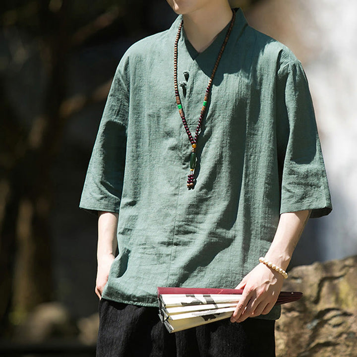 Chemise décontractée en coton et lin pour homme, couleur unie, deux boutons, col en V, manches trois-quarts, motif Buddha Stones