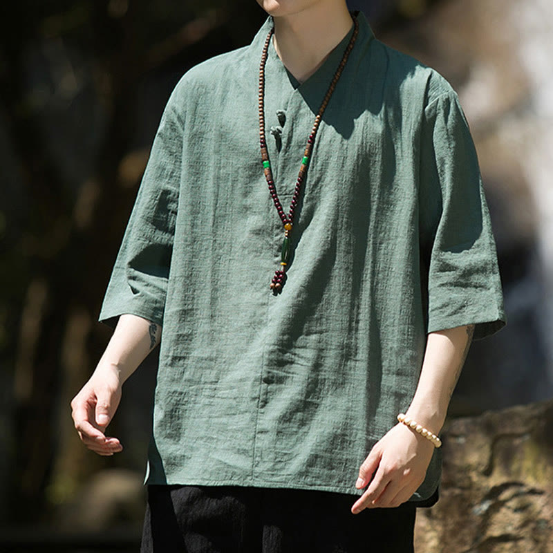 Chemise décontractée en coton et lin pour homme, couleur unie, deux boutons, col en V, manches trois-quarts, motif Buddha Stones