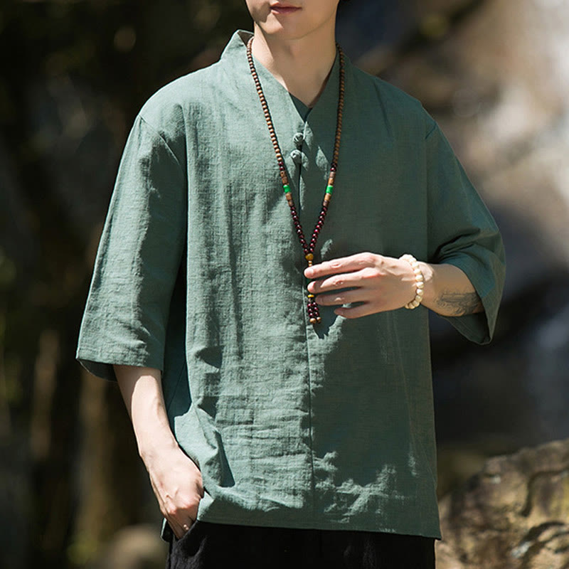 Chemise décontractée en coton et lin pour homme, couleur unie, deux boutons, col en V, manches trois-quarts, motif Buddha Stones