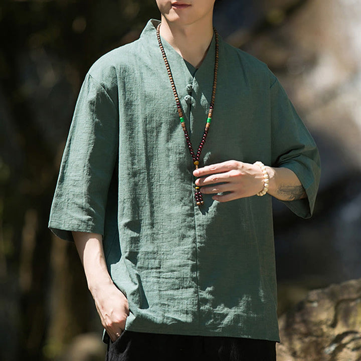 Chemise décontractée en coton et lin pour homme, couleur unie, deux boutons, col en V, manches trois-quarts, motif Buddha Stones