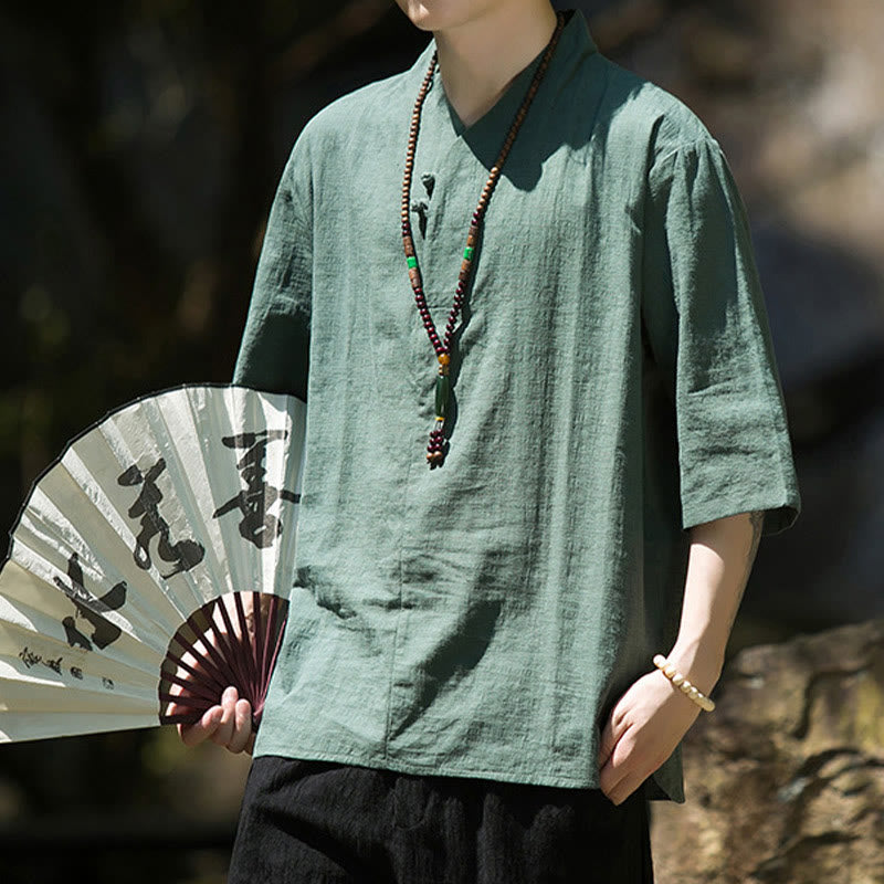 Chemise décontractée en coton et lin pour homme, couleur unie, deux boutons, col en V, manches trois-quarts, motif Buddha Stones