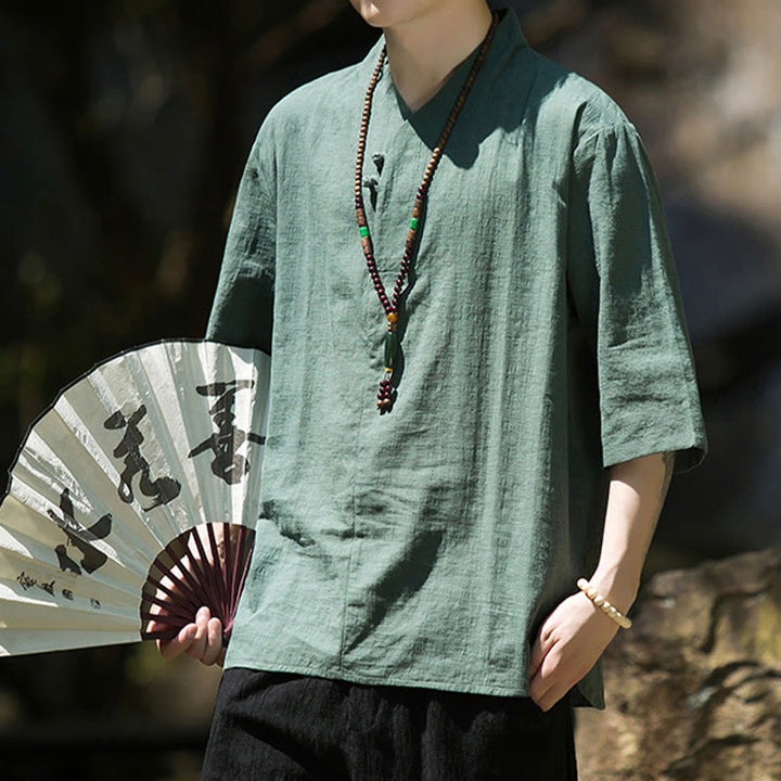 Chemise décontractée en coton et lin pour homme, couleur unie, deux boutons, col en V, manches trois-quarts, motif Buddha Stones