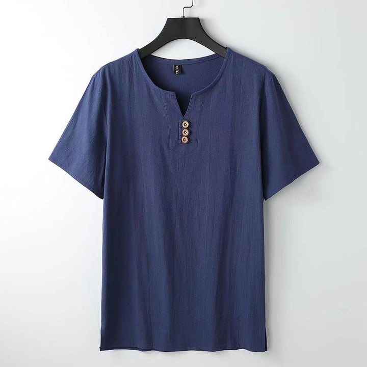 Chemise homme en coton et lin à manches courtes et col en V avec trois boutons et Buddha Stones - Bleu foncé - États-Unis/Royaume-Uni/AU 44, EU 54 (5XL) - image 9