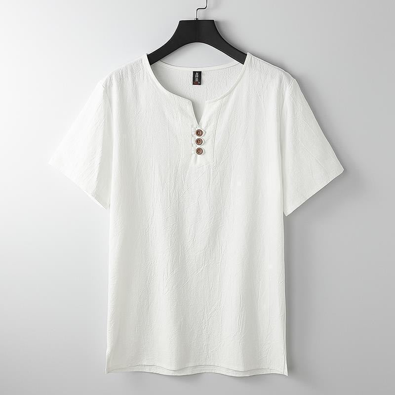 Chemise homme en coton et lin à manches courtes et col en V avec trois boutons et Buddha Stones - Blanc - US/UK/AU44，EU54 (5XL) - image 1