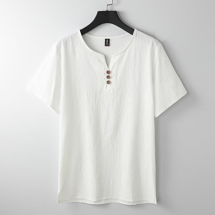 Chemise homme en coton et lin à manches courtes et col en V avec trois boutons et Buddha Stones - Blanc - États-Unis/Royaume-Uni/AU 44, EU 54 (5XL) - image 2