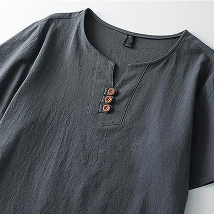 Chemise homme en coton et lin à manches courtes et col en V avec trois boutons et Buddha Stones - image 4