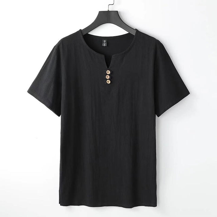 Chemise homme en coton et lin à manches courtes et col en V avec trois boutons et Buddha Stones - Noir - US/UK/AU44，EU54 (5XL) - image 7