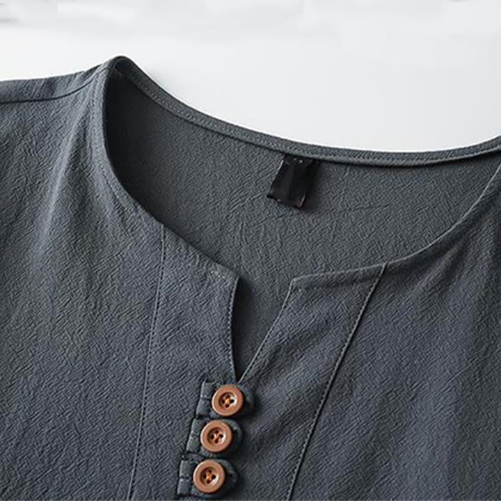 Chemise homme en coton et lin à manches courtes et col en V avec trois boutons et Buddha Stones - image 6