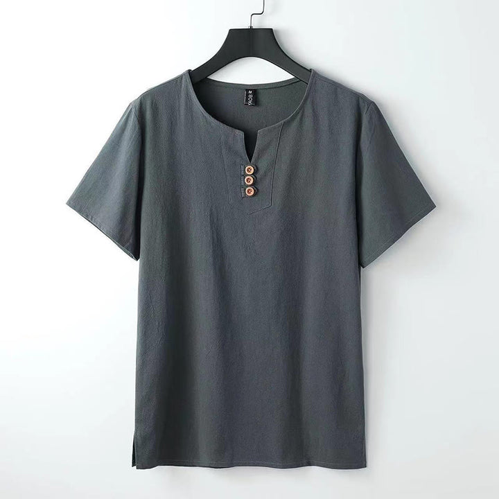 Chemise homme en coton et lin à manches courtes et col en V avec trois boutons et Buddha Stones - Gris - US/UK/AU44，EU54 (5XL) - image 3