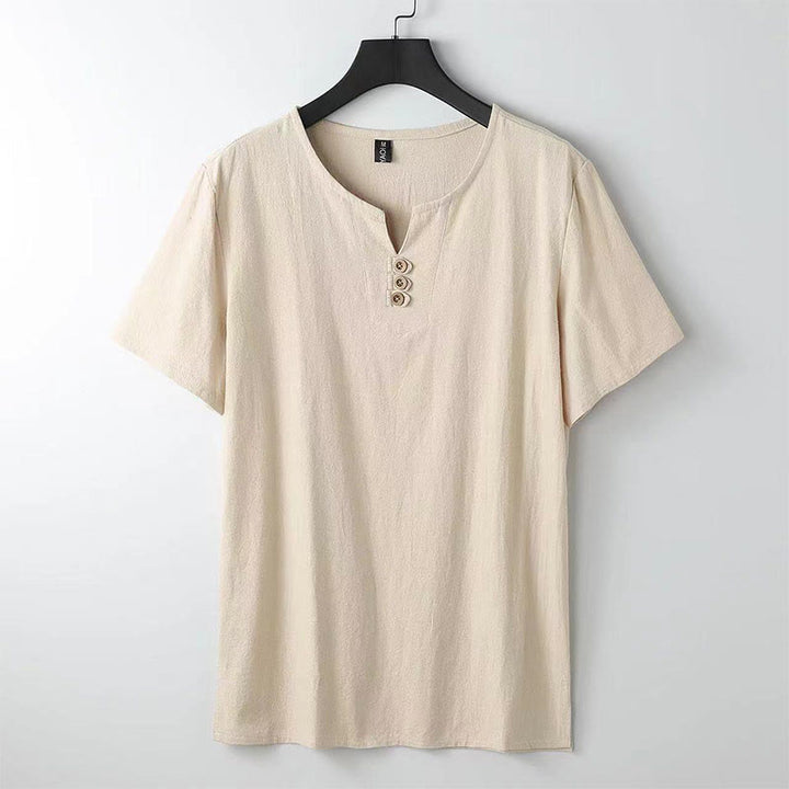 Chemise homme en coton et lin à manches courtes et col en V avec trois boutons et Buddha Stones - Blé - US/UK/AU44，EU54 (5XL) - image 0