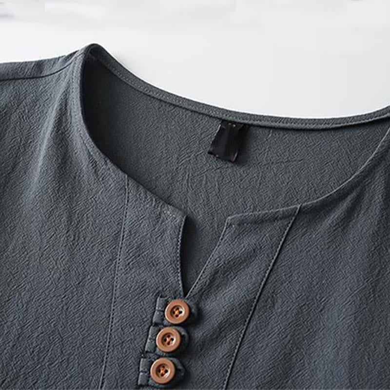 Chemise homme en coton et lin à manches courtes et col en V avec trois boutons et Buddha Stones - image 5