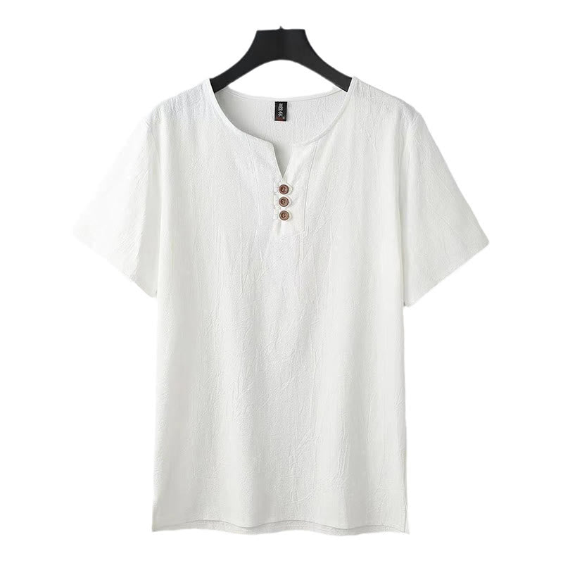 Chemise homme en coton et lin à manches courtes et col en V avec trois boutons et Buddha Stones - image 2