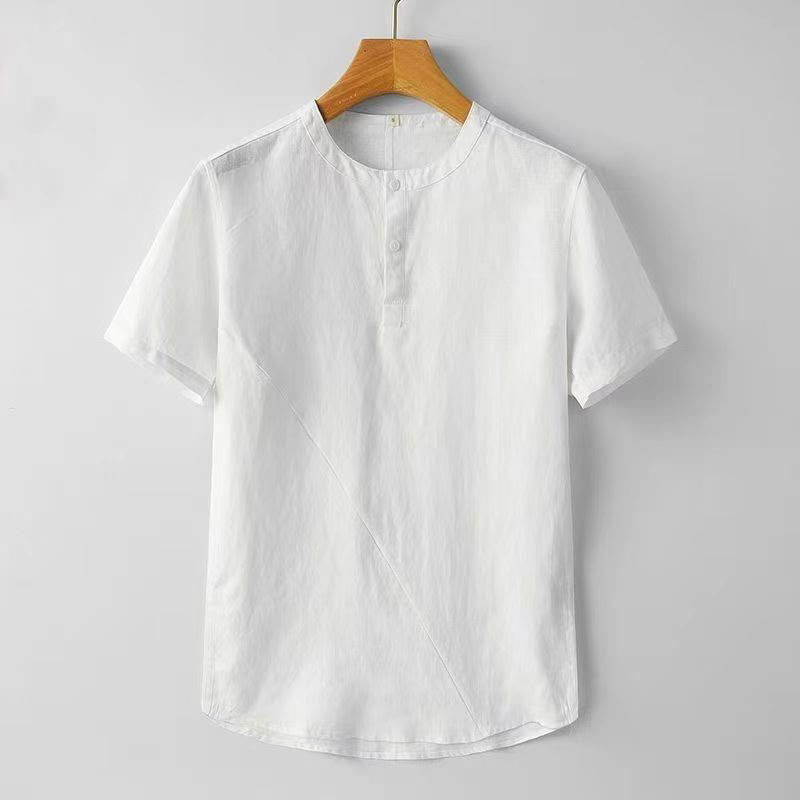 Chemise homme en coton et lin à manches courtes et deux boutons avec Buddha Stones de couleur unie - Blanc - US/UK/AU44，EU54 (4XL) - image 2