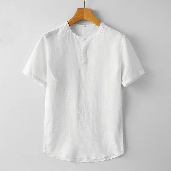 Chemise homme en coton et lin à manches courtes et deux boutons avec Buddha Stones de couleur unie - Blanc - US/UK/AU44，EU54 (4XL) - image 2