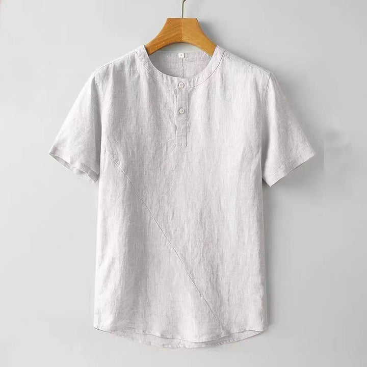 Chemise homme en coton et lin à manches courtes et deux boutons avec Buddha Stones de couleur unie - Fumée blanche - US/UK/AU44，EU54 (4XL) - image 3