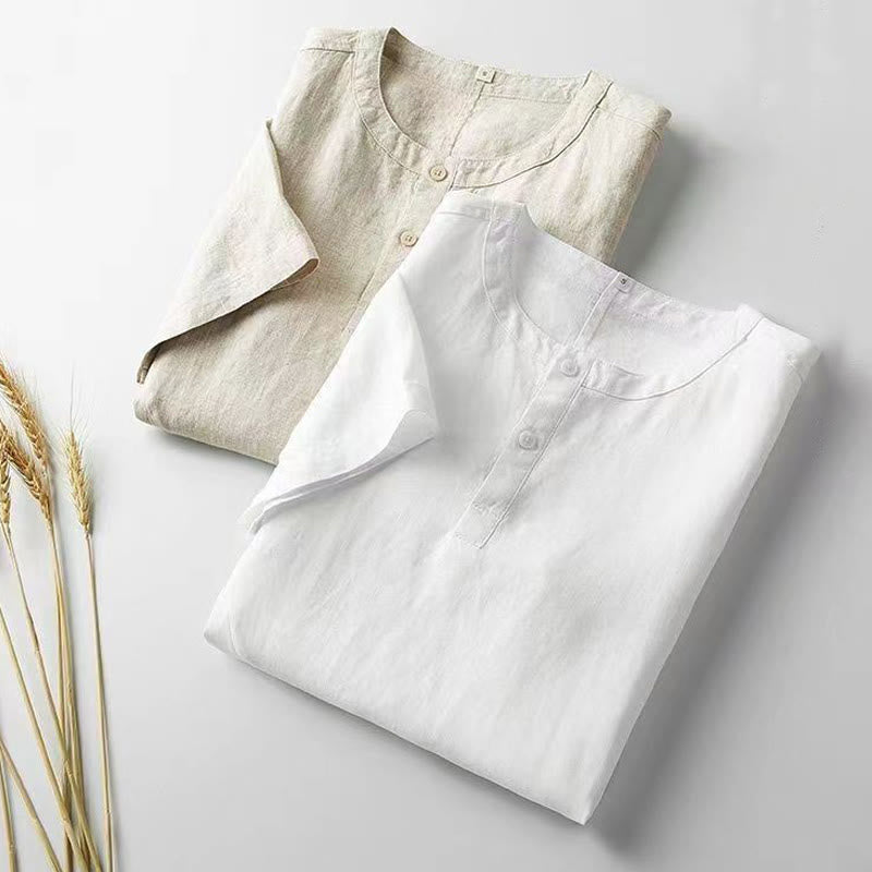 Chemise homme en coton et lin à manches courtes et deux boutons avec Buddha Stones de couleur unie - image 1