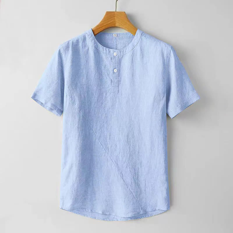 Chemise homme en coton et lin à manches courtes et deux boutons avec Buddha Stones de couleur unie - Bleu ciel clair - US/UK/AU44，EU54 (4XL) - image 7