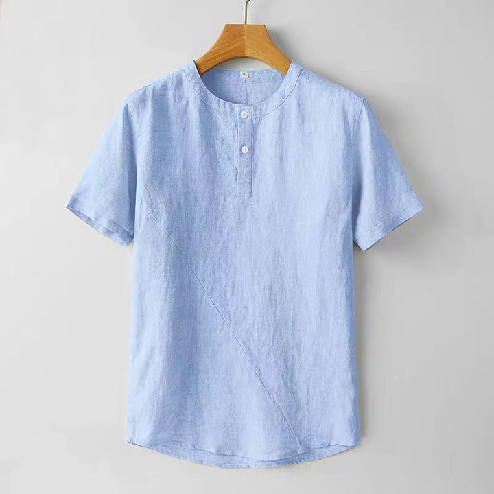 Chemise homme en coton et lin à manches courtes et deux boutons avec Buddha Stones de couleur unie - Bleu ciel clair - US/UK/AU44，EU54 (4XL) - image 7