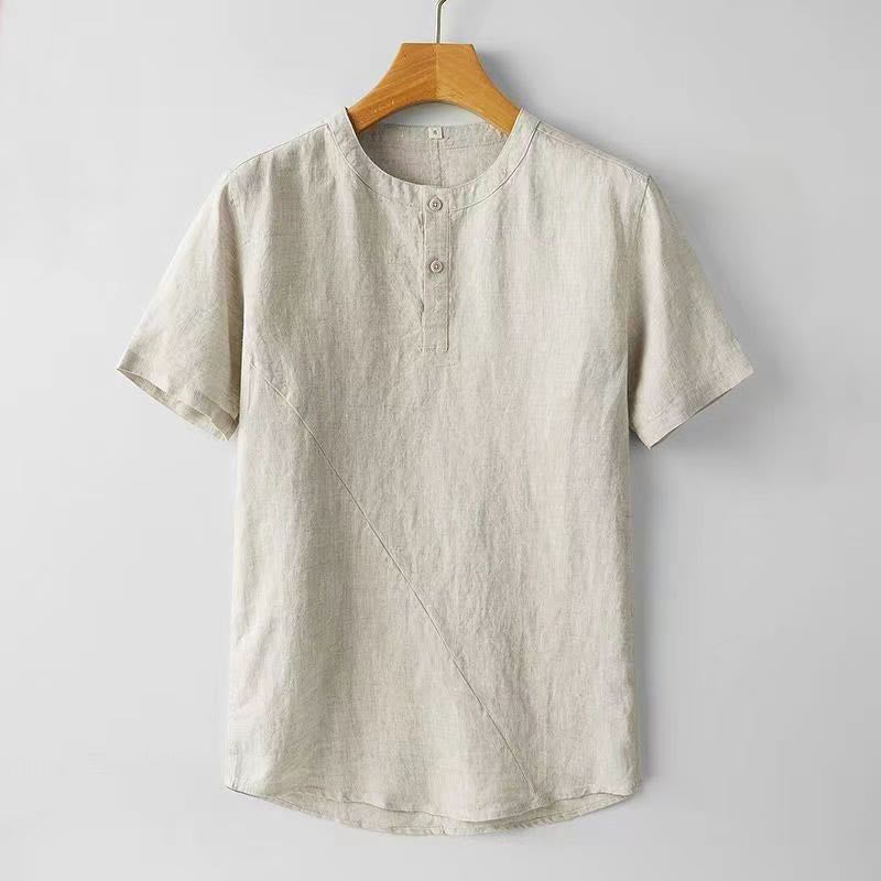 Chemise homme en coton et lin à manches courtes et deux boutons avec Buddha Stones de couleur unie - Beige - US/UK/AU44，EU54 (4XL) - image 6