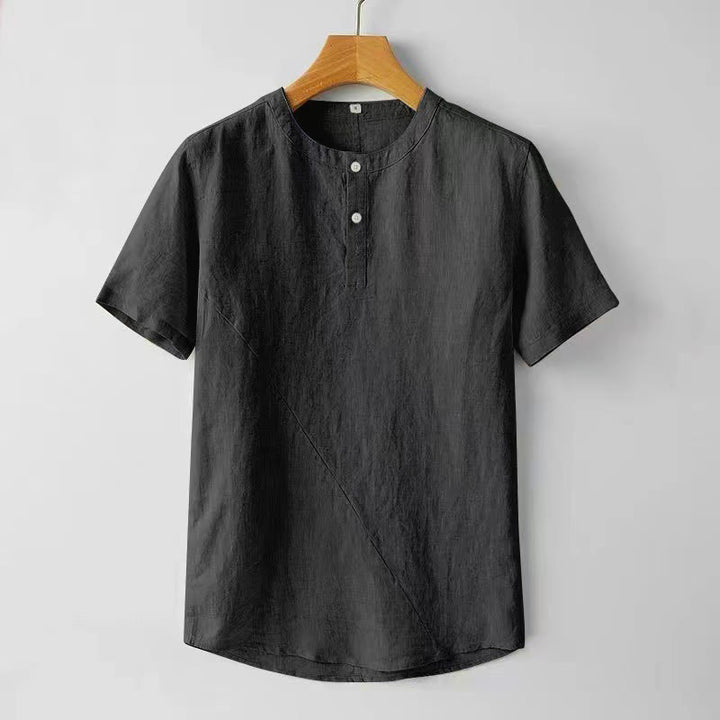 Chemise homme en coton et lin à manches courtes et deux boutons avec Buddha Stones de couleur unie - Noir - US/UK/AU44，EU54 (4XL) - image 4